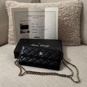 Authentic CHANEL Wallet on Chain Black Quilted Lambskin Gold Chain WOC